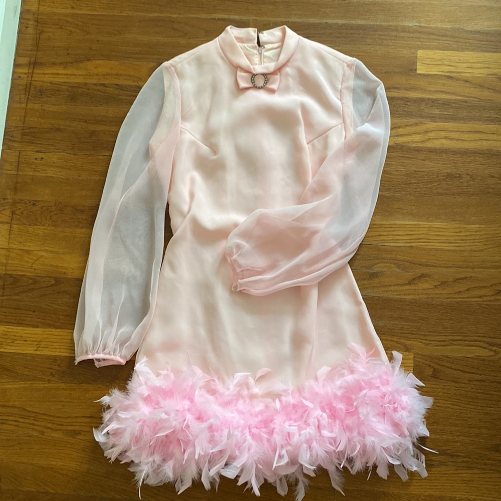 Upcycled vintage bow balloon sleeve with feather boa trim